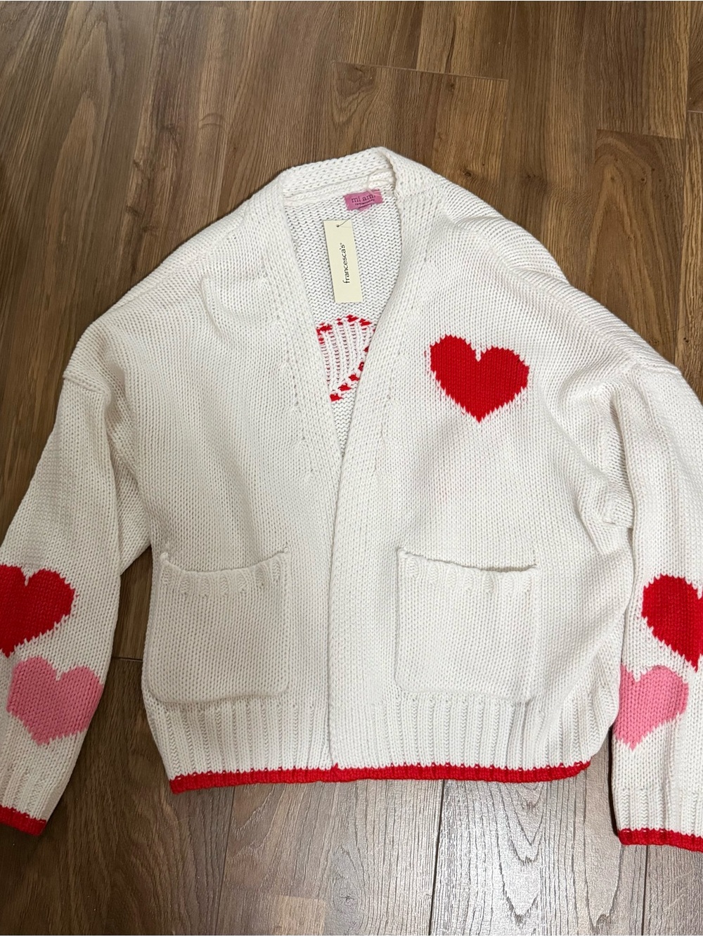NWT- Francesca’s white Cardigan with Red and pink hearts